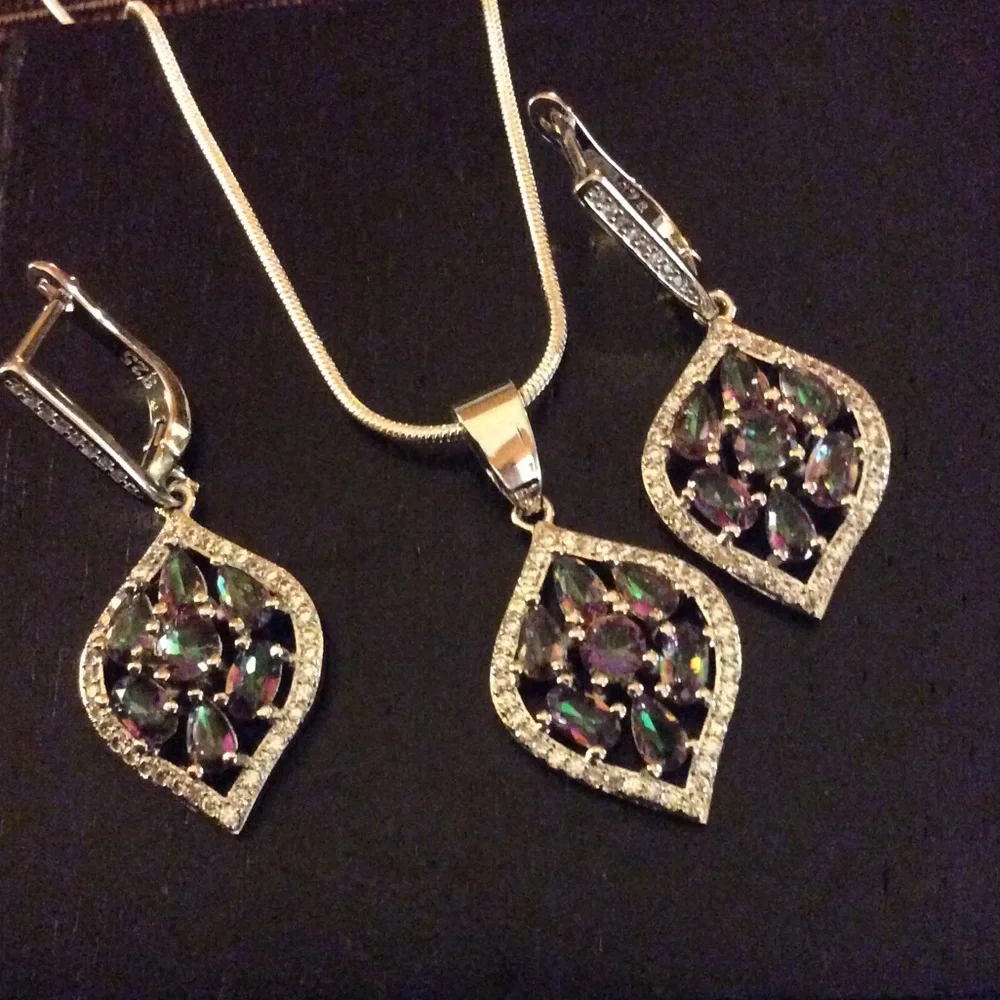 Sterling Silver Rainbow Mystic Topaz Necklace/ Earrings set  925 - Picture 4 of 8